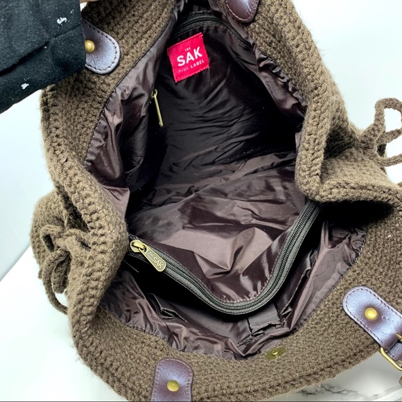 The Sak Pink Label Knitted Brown bobble textured tote bag  grannycore Bohemian - Picture 10 of 16